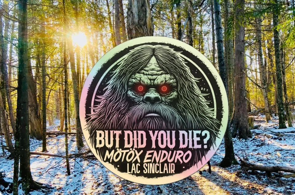 But Did You Die MÖTÖX sign displayed in a snowy Lac Sinclair forest
